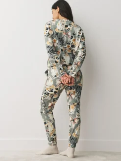 Neutraal met kattenprint - Pyjama met lange mouwen