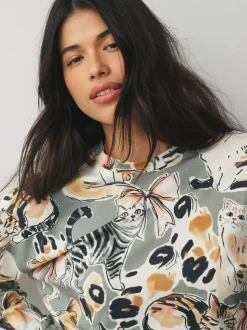 Neutraal met kattenprint - Pyjama met lange mouwen