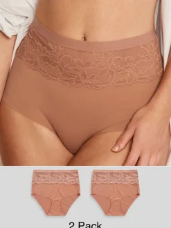 Neutraal/bruin - 2 Slipjes met licht buikcorrigerende hoge taille