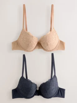 Neutraal/marineblauw - Set van 2 push-up beha's met lage decolleté en kant