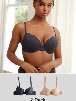 Neutraal/marineblauw - Set van 2 push-up beha's met lage decolleté en kant