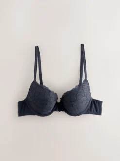 Neutraal/marineblauw - Set van 2 push-up beha's met lage decolleté en kant