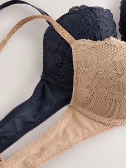 Neutraal/marineblauw - Set van 2 push-up beha's met lage decolleté en kant