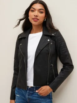 NOISY MAY 100% Cotton Leather Look Biker Jacket