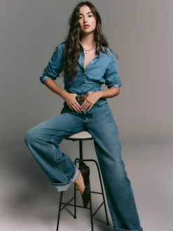 Normaal blauw - Cinch Waist Fitted Long Sleeve Denim Shirt