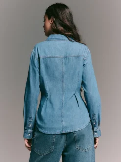 Normaal blauw - Cinch Waist Fitted Long Sleeve Denim Shirt