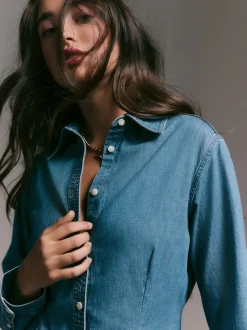 Normaal blauw - Cinch Waist Fitted Long Sleeve Denim Shirt