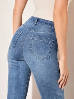 Normaal blauw - Friends Like These jeans met zakken, hoge taille en uitlopende pijpen