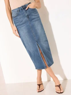 Normaal blauw - Friends Like These - Denim midirok met split in de voorkant