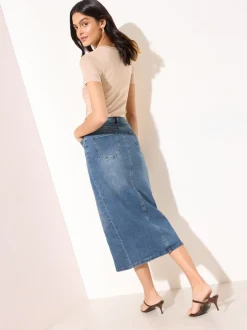 Normaal blauw - Friends Like These - Denim midirok met split in de voorkant