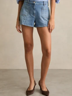Normaal blauw - Reiss Kira Mid-Rise Patch Pocket Denim Shorts