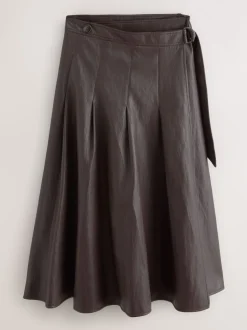Nothing Ordinary Faux Leather Wrap Midi Kilt Skirt