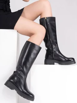 Off The Hook Bond Knee High Leather Boots With Side Zip Detail