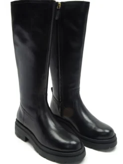 Off The Hook Bond Knee High Leather Boots With Side Zip Detail