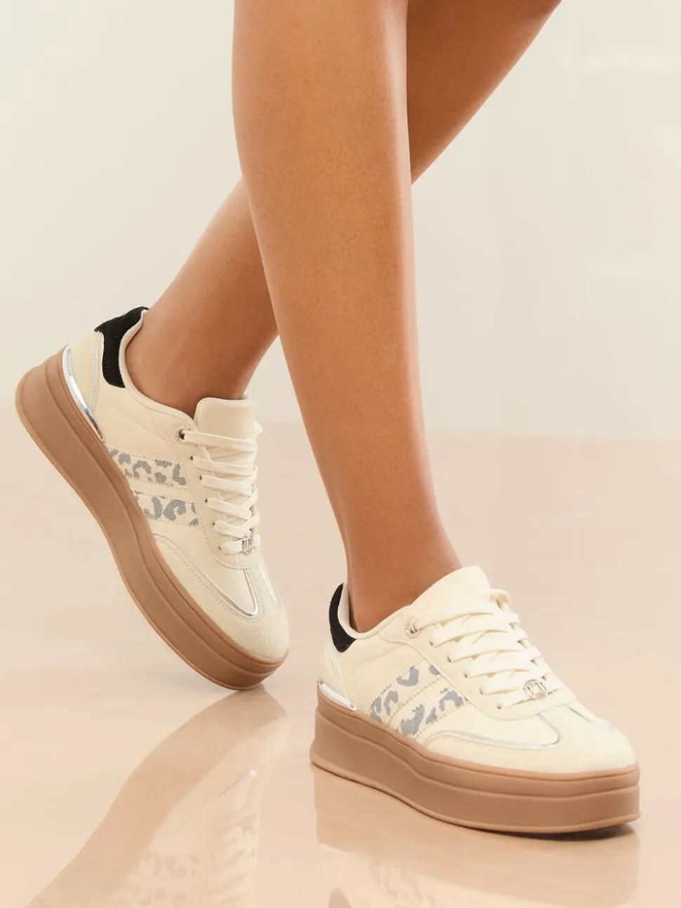 Off White Leopard - Lipsy Print Side Stripe Chunky Gum Sports Trainers