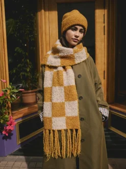 Okergeel - Checkerboard Boucle Knitted Heavweight Scarf