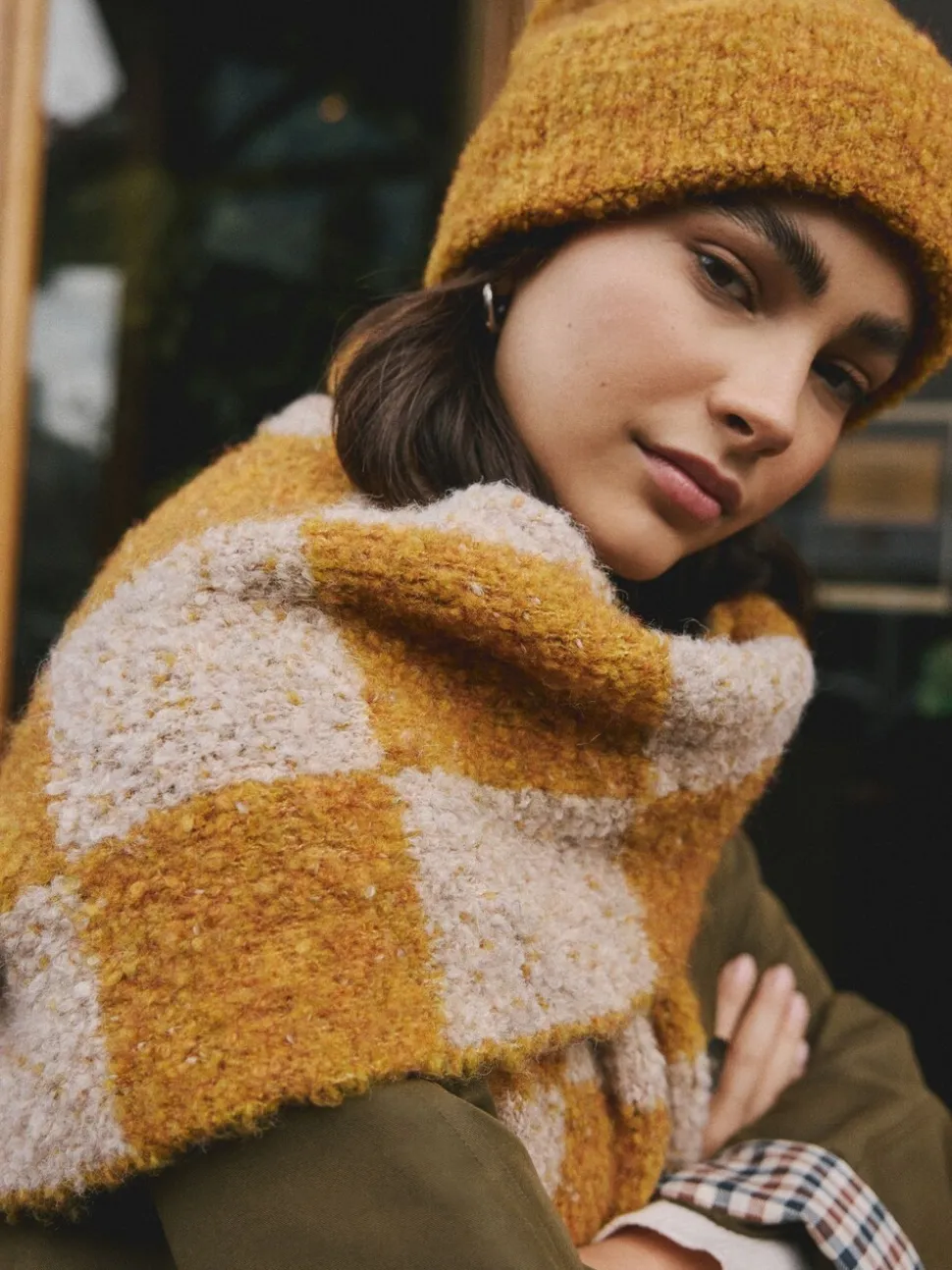 Okergeel - Checkerboard Boucle Knitted Heavweight Scarf