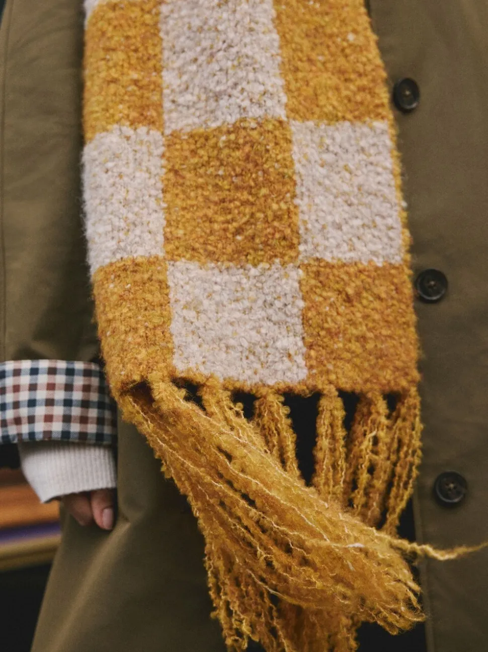 Okergeel - Checkerboard Boucle Knitted Heavweight Scarf