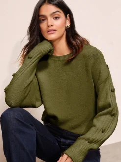 Olijfgroen - Friends Like These Button Sleeve Detail Jumper