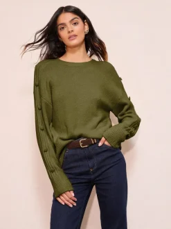 Olijfgroen - Friends Like These Button Sleeve Detail Jumper