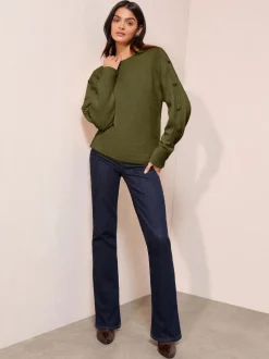 Olijfgroen - Friends Like These Button Sleeve Detail Jumper