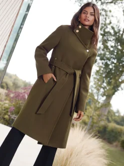 Olijfgroen - Lipsy asymmetrische jas met trechterhals en riem