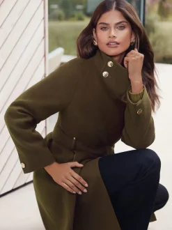 Olijfgroen - Lipsy asymmetrische jas met trechterhals en riem