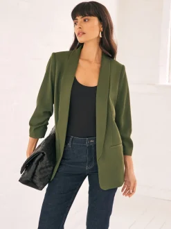 Olijfgroen - Ruimvallend blazer met gerimpelde mouwen