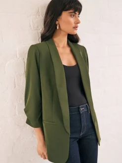 Olijfgroen - Ruimvallend blazer met gerimpelde mouwen