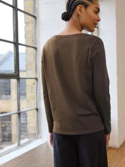 Olijfgroen - T-shirt met lange mouwen en ronde hals