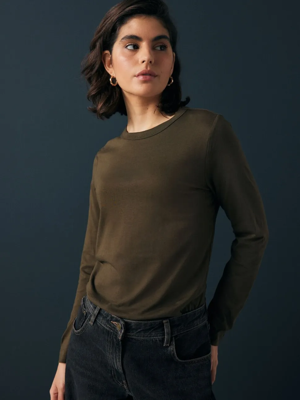 Olijfgroen - T-shirt met lange mouwen en ronde hals