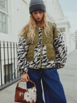 Olive Green/Animal Print - Fluffy Cosy Woven Button Through Borg Jacket