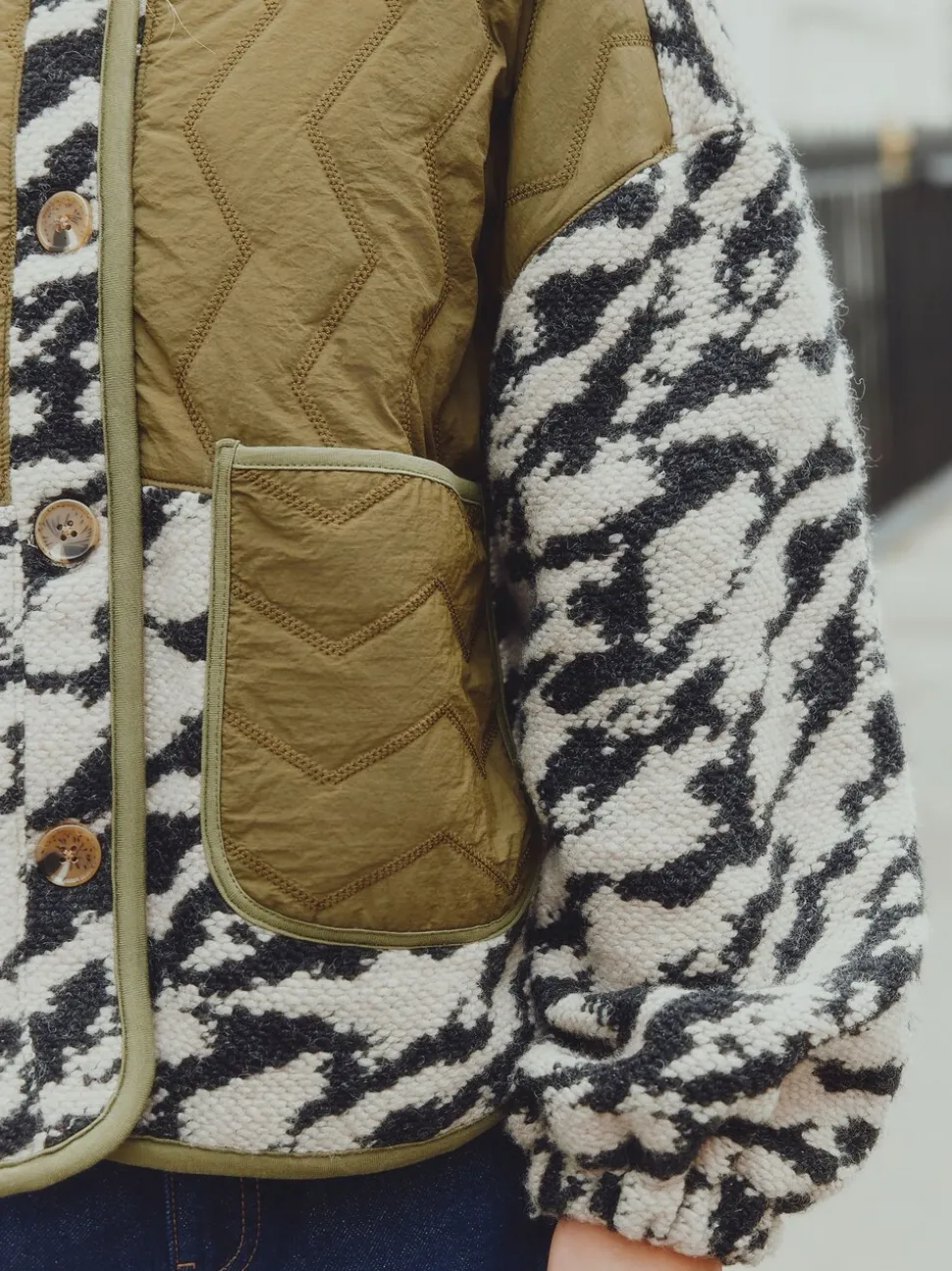 Olive Green/Animal Print - Fluffy Cosy Woven Button Through Borg Jacket