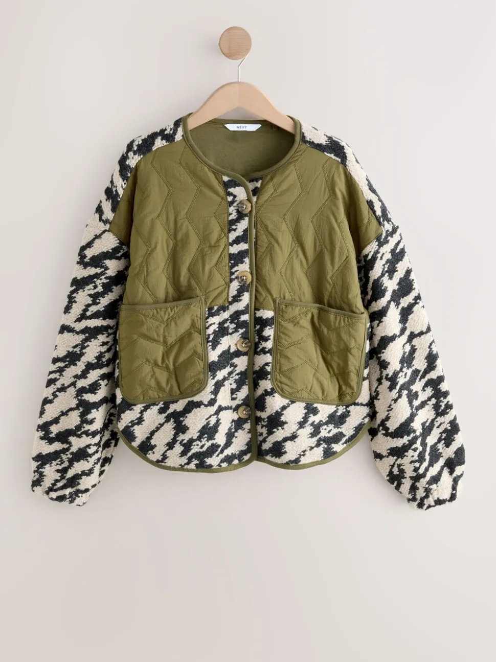 Olive Green/Animal Print - Fluffy Cosy Woven Button Through Borg Jacket
