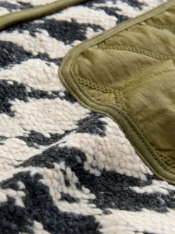 Olive Green/Animal Print - Fluffy Cosy Woven Button Through Borg Jacket