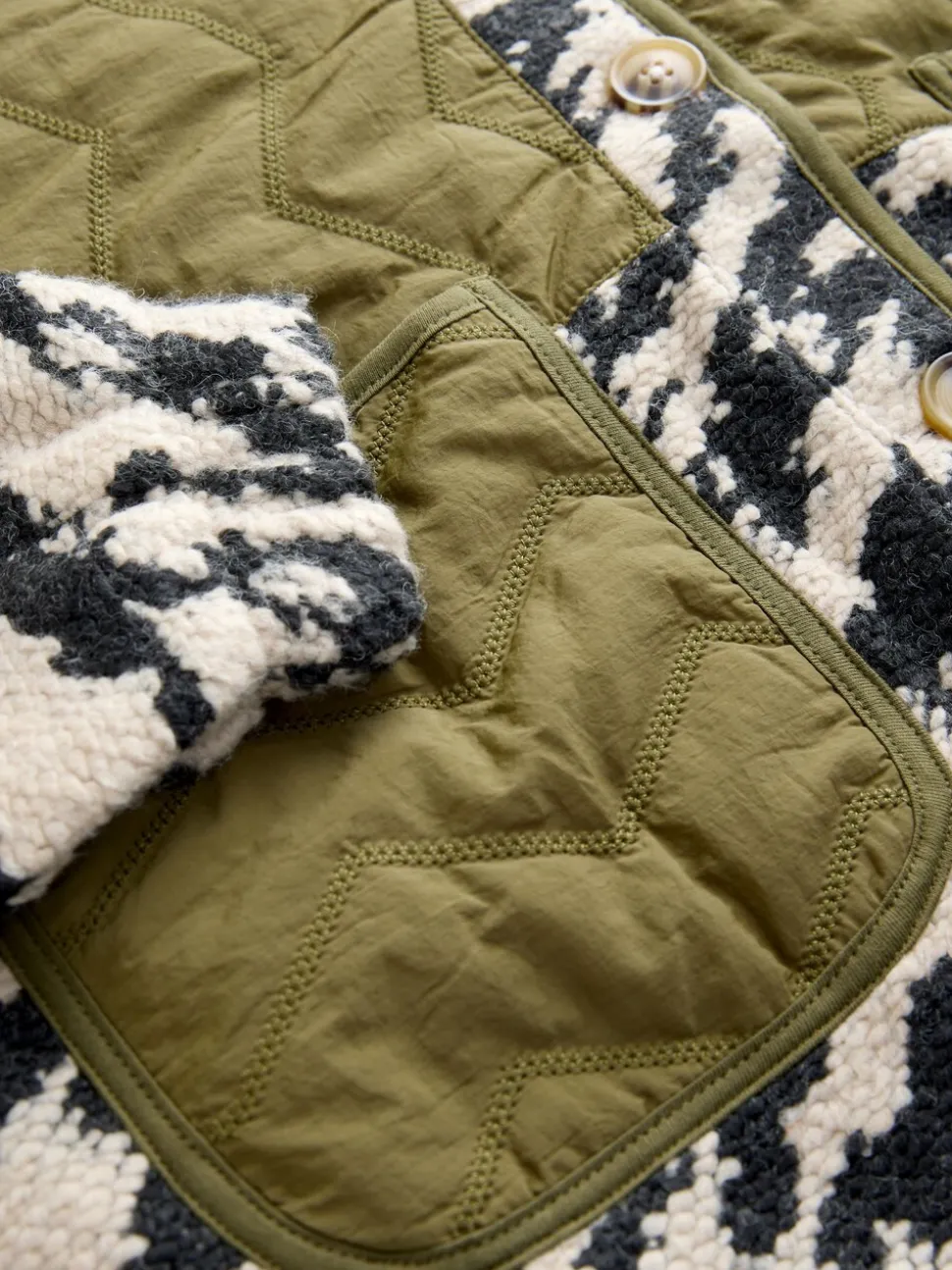 Olive Green/Animal Print - Fluffy Cosy Woven Button Through Borg Jacket