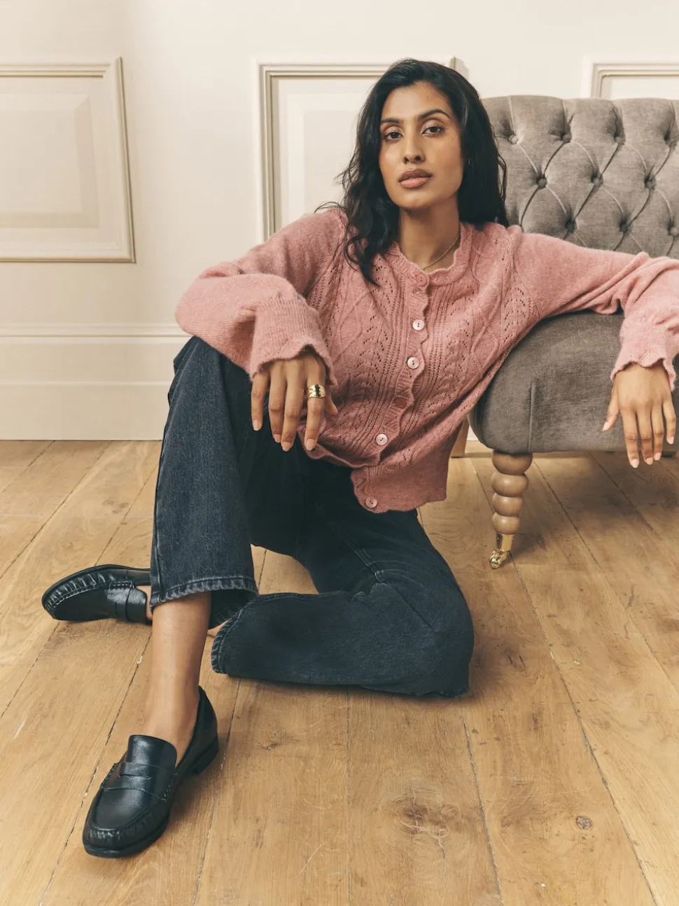 Oudroze - Laura Ashley Pointelle Button Through Scallop Cardigan With A Touch Of Wool