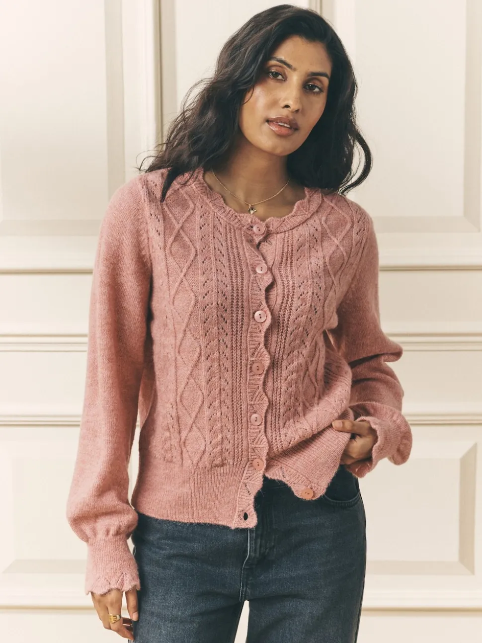 Oudroze - Laura Ashley Pointelle Button Through Scallop Cardigan With A Touch Of Wool
