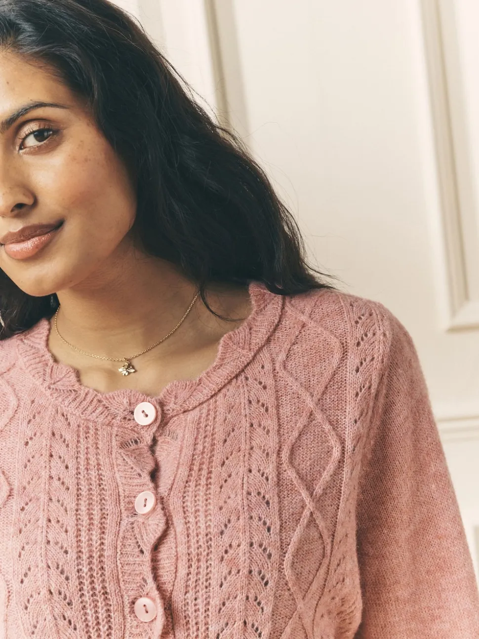 Oudroze - Laura Ashley Pointelle Button Through Scallop Cardigan With A Touch Of Wool