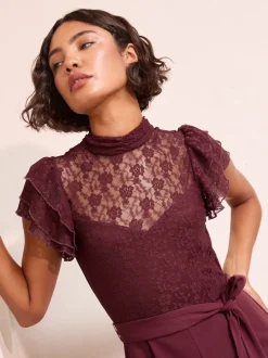 Paars - Friends Like These jumpsuit van kant en scubamix met ruches aan de mouwen