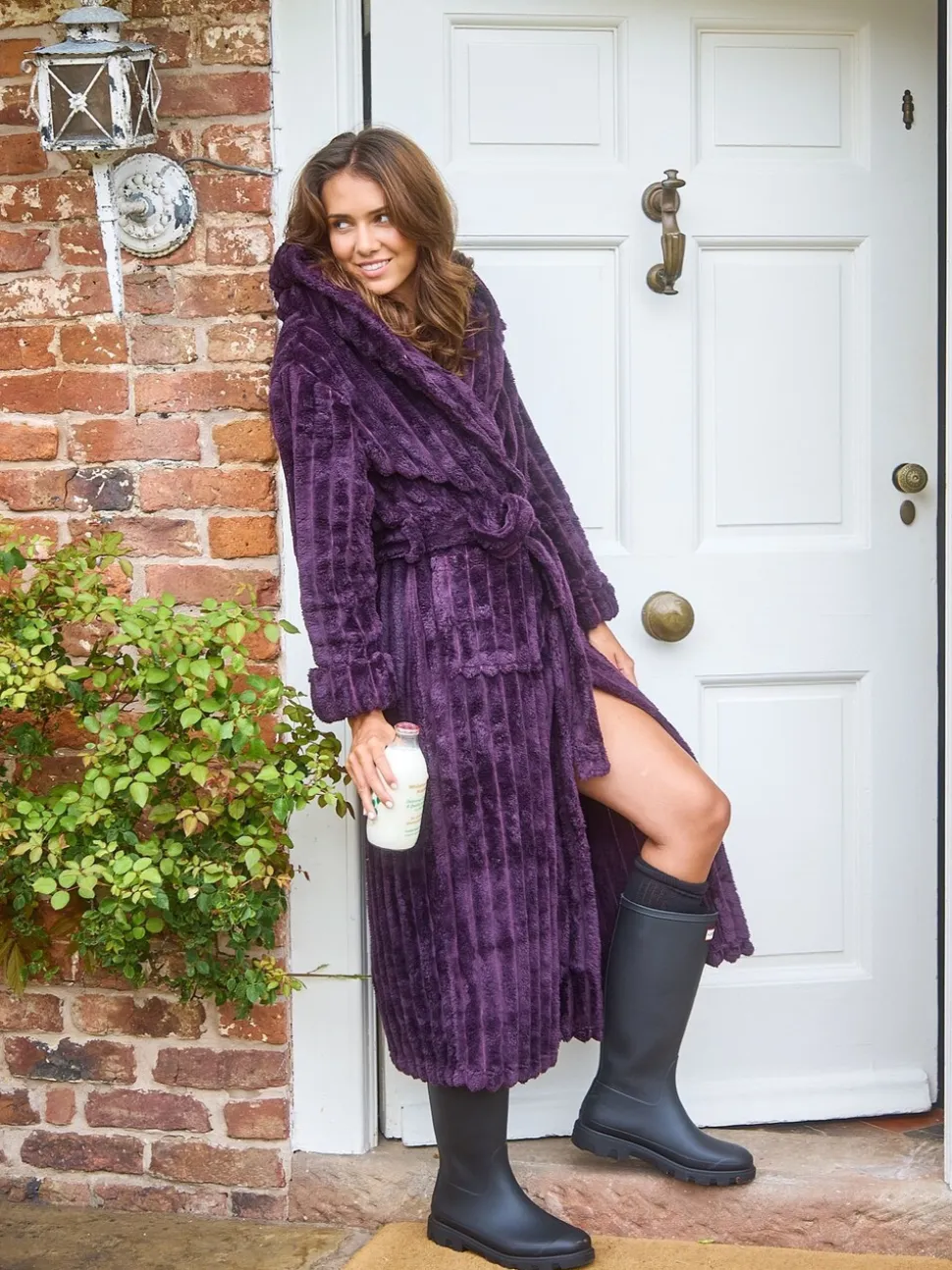 Paars - Loungeable Plush Ridged Fleece Midi Hooded Dressing Gown