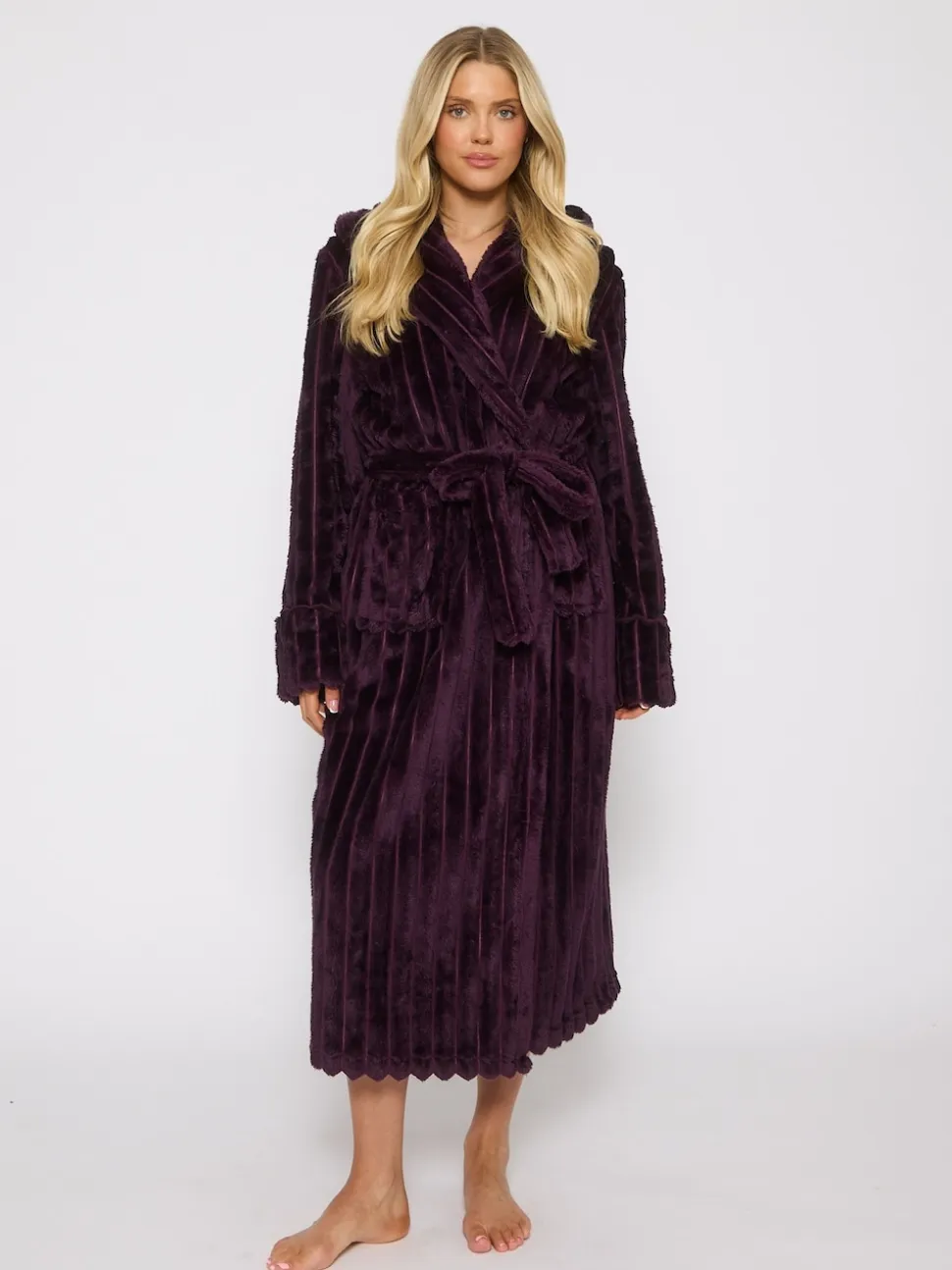 Paars - Loungeable Plush Ridged Fleece Midi Hooded Dressing Gown