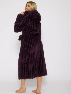Paars - Loungeable Plush Ridged Fleece Midi Hooded Dressing Gown