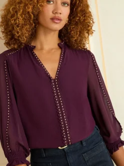 Paars - Love & Roses blouse met V-hals en hardware met 3/4 mouwen