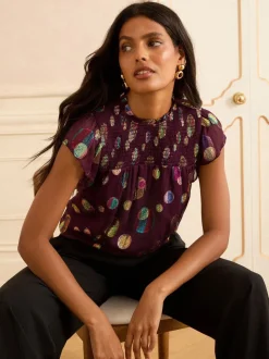 Paars met stippen - Love & Roses - Metallic top met ronde hals