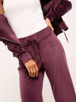 Paarsblauw - Lipsy Geborduurde Velours Joggingbroek met Wijde Pijpen en Relaxte Pasvorm
