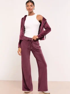 Paarsblauw - Lipsy Geborduurde Velours Joggingbroek met Wijde Pijpen en Relaxte Pasvorm