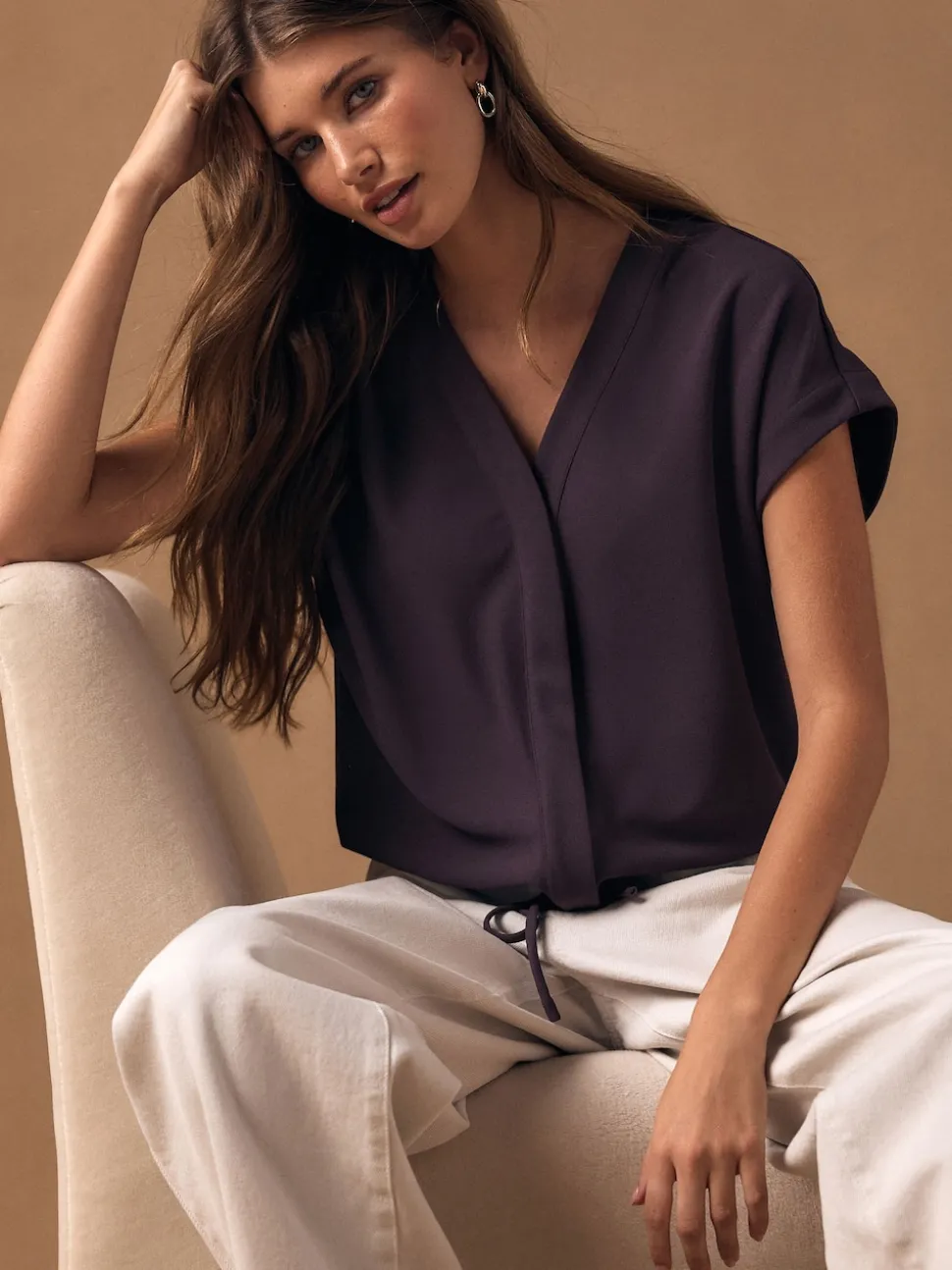 Paarsblauw - V-Neck Short Sleeved Tie Waist Top
