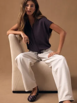 Paarsblauw - V-Neck Short Sleeved Tie Waist Top