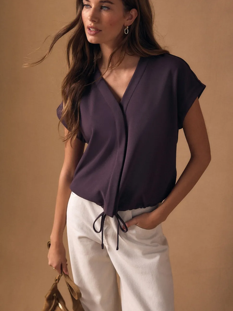 Paarsblauw - V-Neck Short Sleeved Tie Waist Top